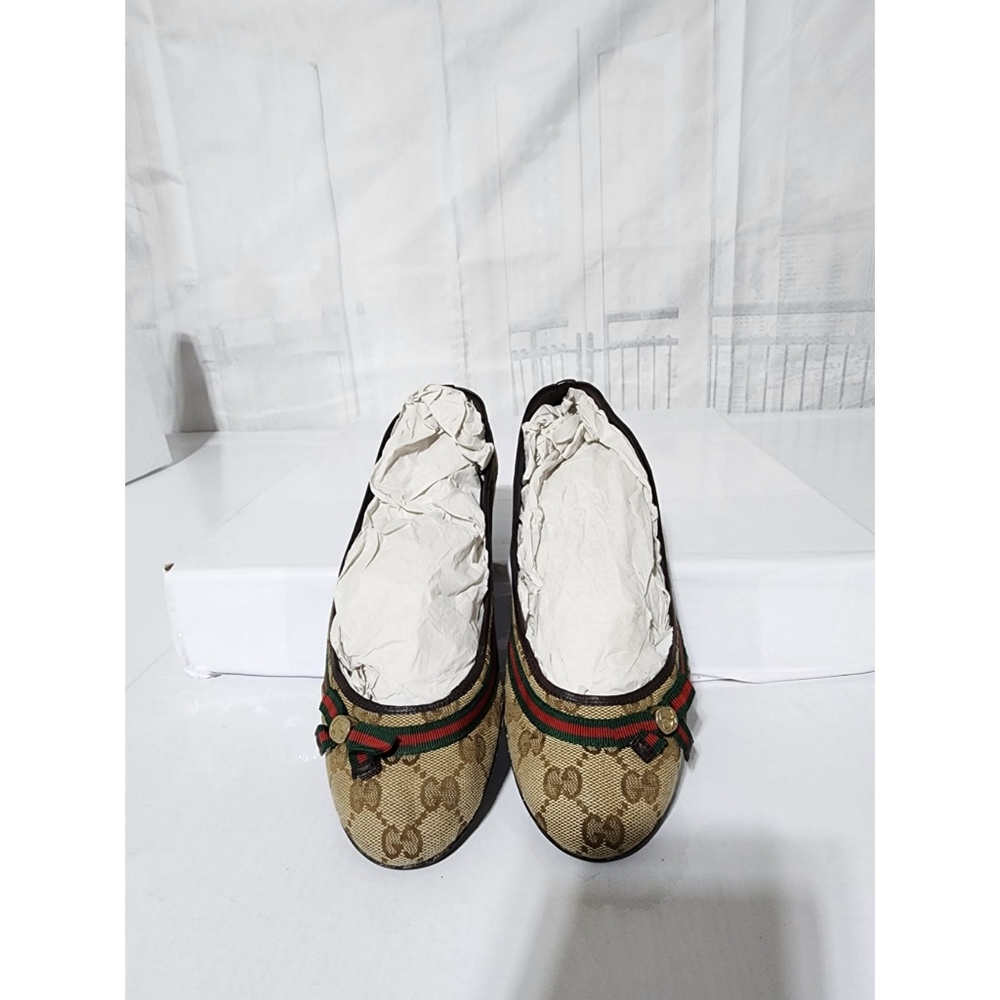 Gucci GG Canvas Web Bow Ballet Flats Beige/Brown Size 36.5